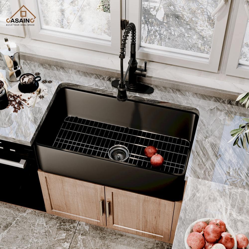 33" Black Fireclay Farmhouse Sink with Touchless Faucet