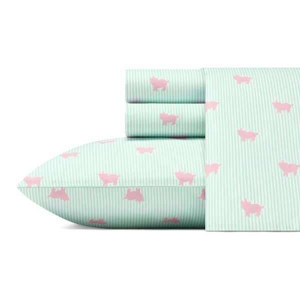 Poppy & Fritz Pigs 4-Piece Green Graphic Cotton Queen Sheet Set