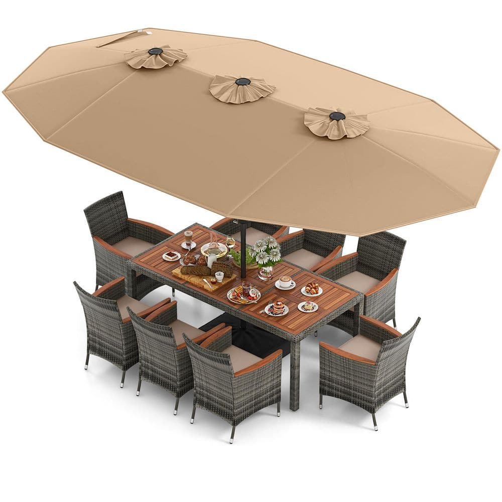 Gray 11-Piece Metal and Wicker Outdoor Dining Set with Beige Cushion, 15 ft. Brown Double-Sided Umbrella price history on PriceWatchPro