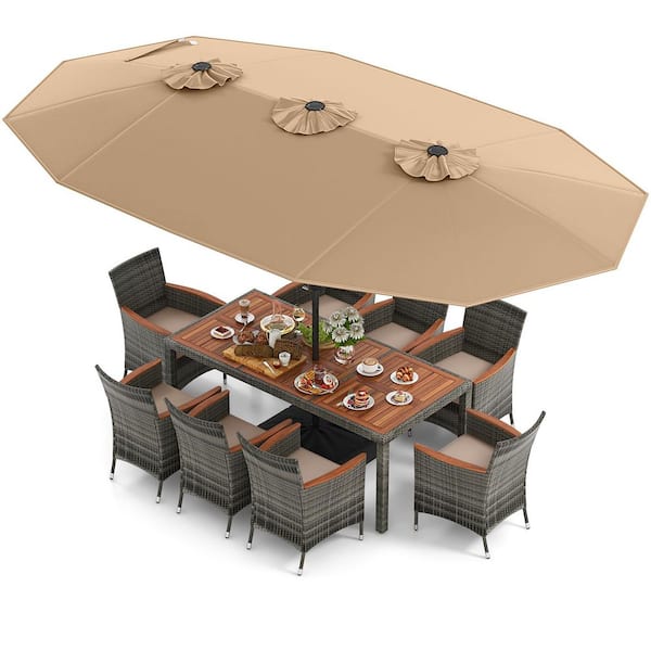 Gray 11-Piece Metal and Wicker Outdoor Dining Set with Beige Cushion, 15 ft. Brown Double-Sided Umbrella