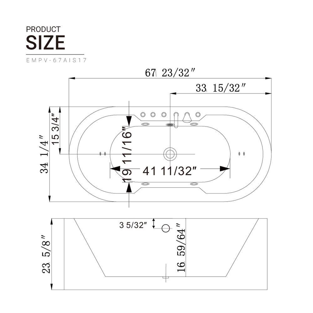 67" White Acrylic Freestanding Whirlpool Bathtub with Faucet