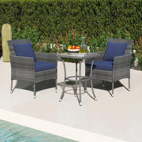 ANGELES HOME 3-Piece Wicker Patio Conversation Set with Navy Cushions Patio Chairs and Tempered Glass Coffee Table