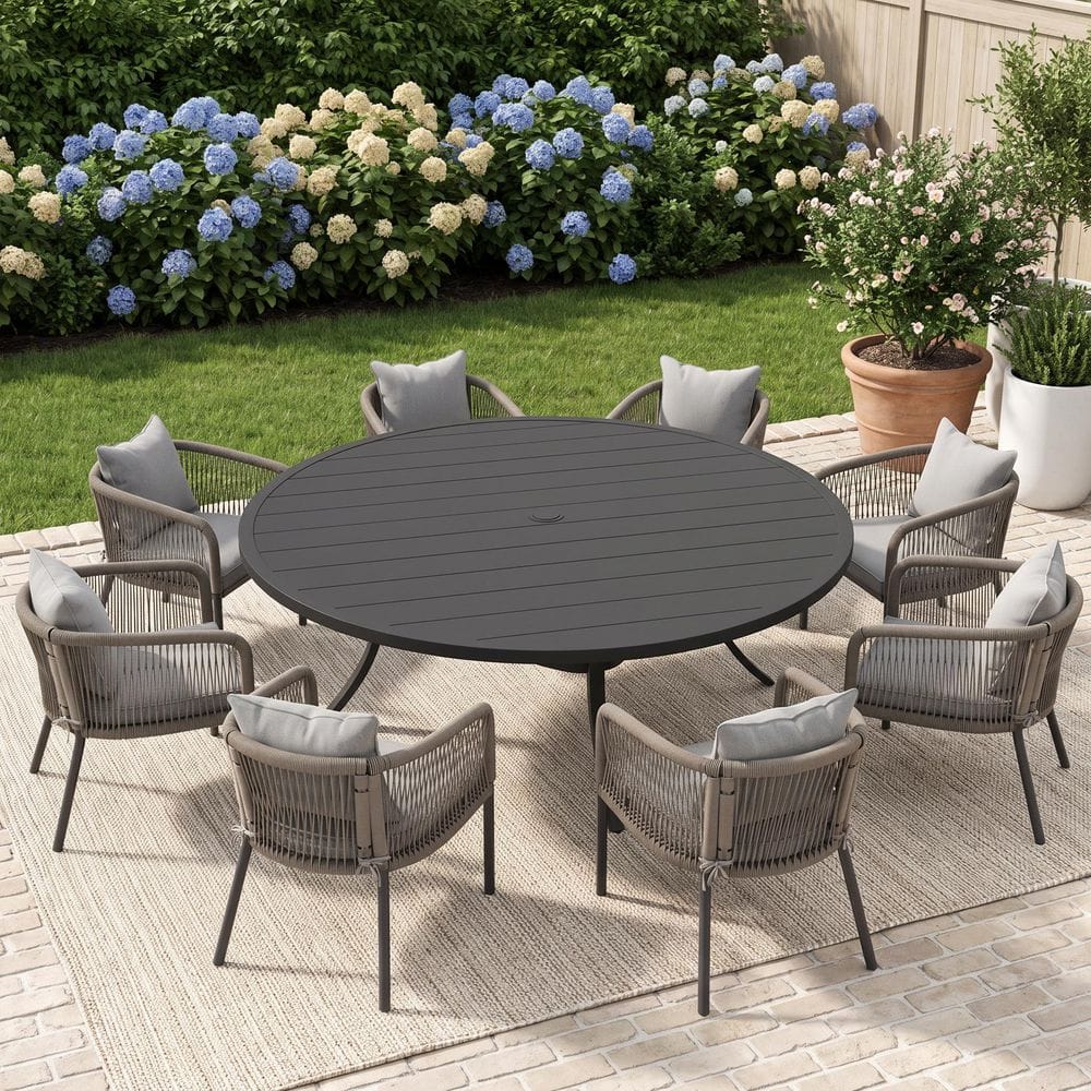 9-Piece 63 in. Black Metal Round Slatted Patio Outdoor Dining Set with 8 Gray Wicker Rope Chairs with Gray Cushions price history on PriceWatchPro