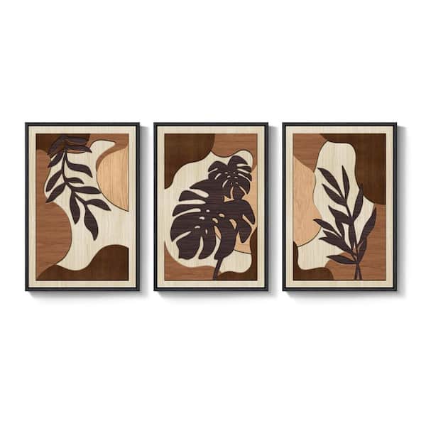 (3-Piece) 36 in. x 24 in. Brown Tropical Monstera by Abstract Framed Wooden Wall Art