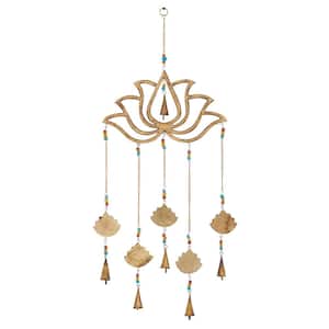 30 in. Gold Mango Wood Floral Lotus Windchime with Glass Beads and Cone Bells