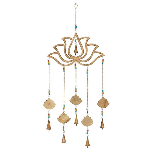 Litton Lane 30 in. Gold Mango Wood Floral Lotus Windchime with Glass Beads and Cone Bells