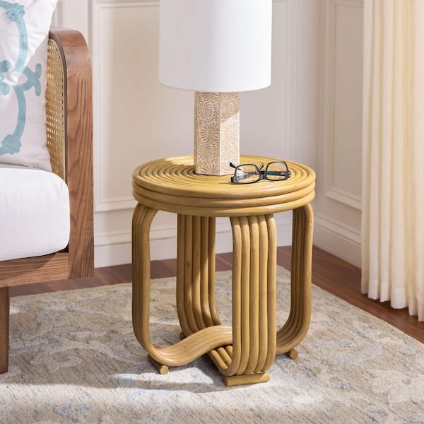 Asleesh 16.5 in. Natural Round Wood Rattan End Table