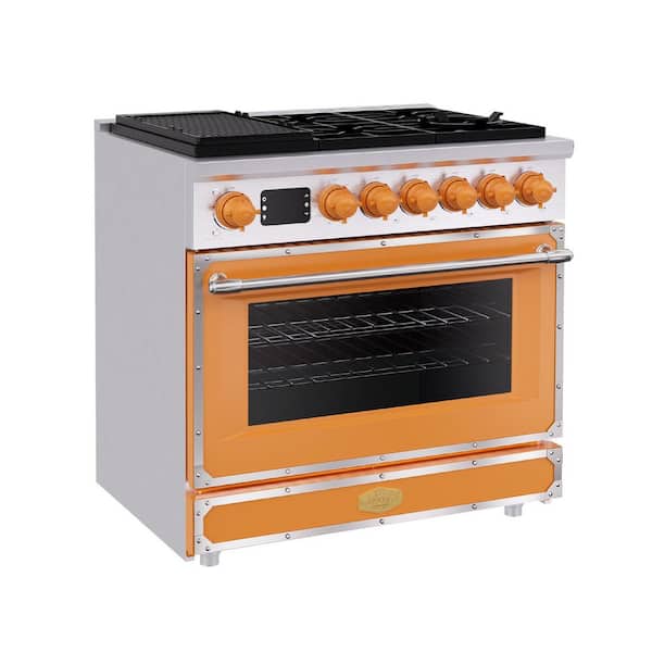 36 in. Freestanding Gas Range with 6 Sealed Burners and 5.2 cu. ft. Convection Oven, in Orange with Stainless Steel