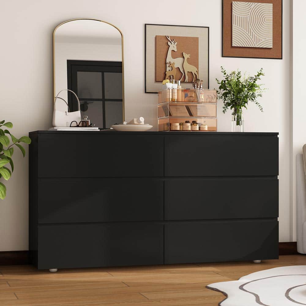 FUFU&GAGA Black 6-Drawers 59 in. W Wooden Chest of Drawers