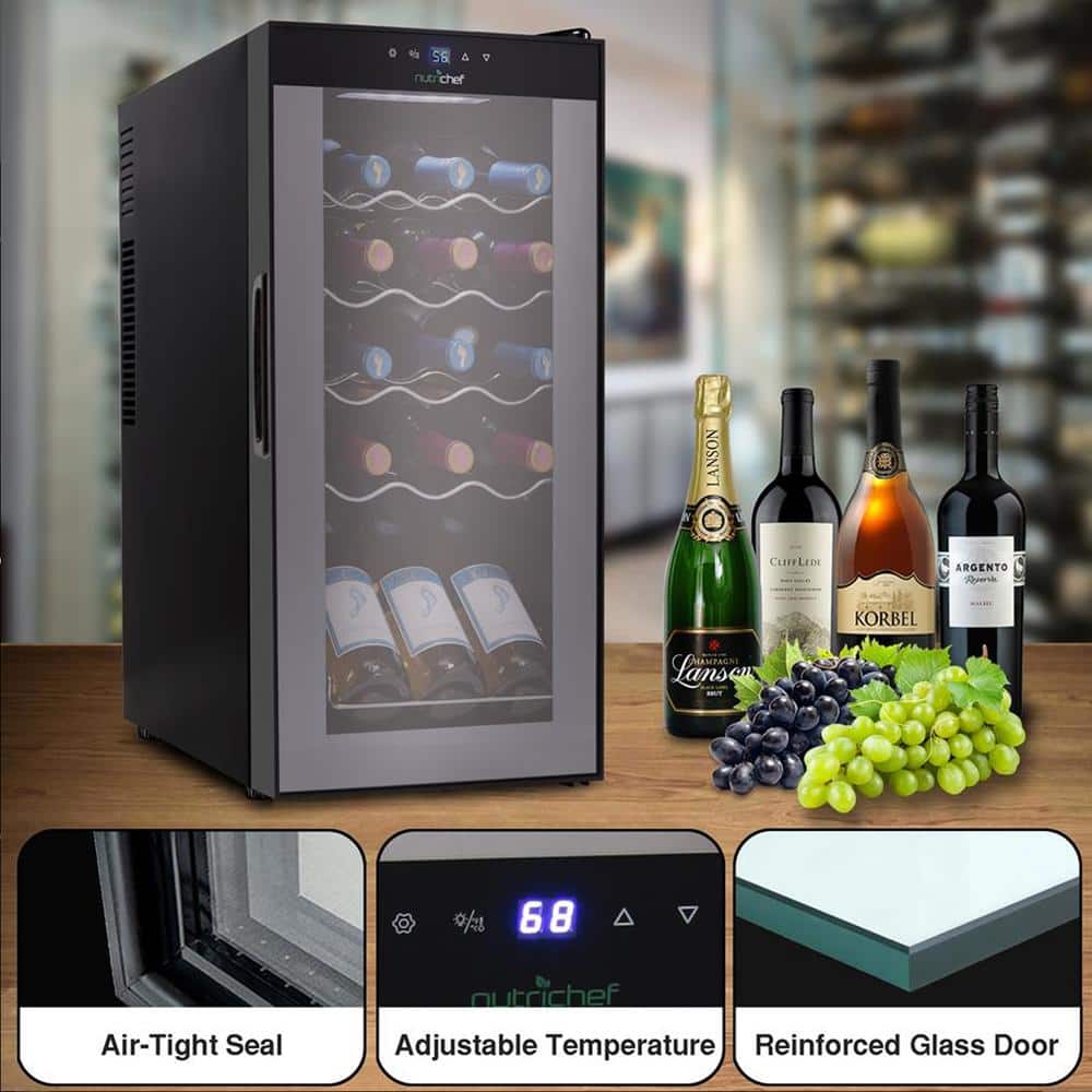 NutriChef 15 Bottle Black Thermoelectric Wine Cooler with Glass Door