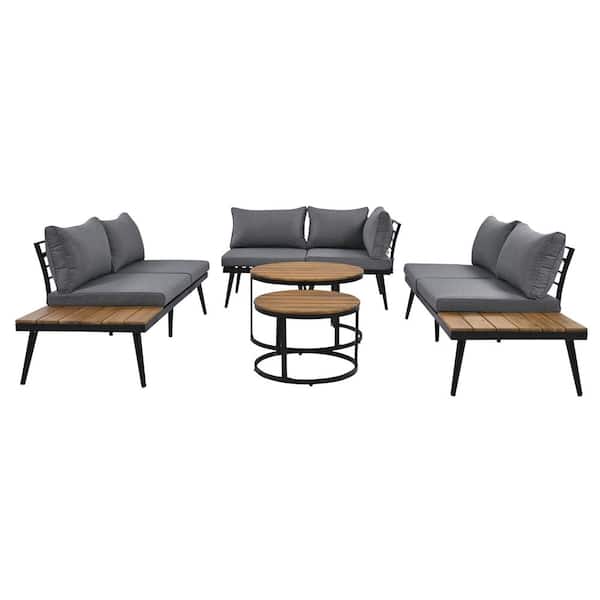 Sudzendf 6-Piece Metal Patio Furniture Set, Outdoor Sectional Sofa Set with Gray Cushions