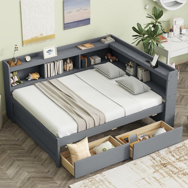 Gray Wood Frame Full Size L-shaped Bookcase Platform Bed with Power Outlets, USB Charging Ports, 2-Drawers