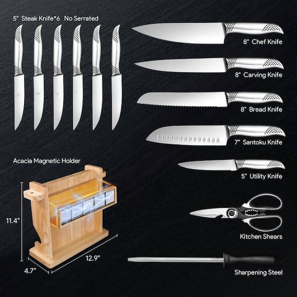 Wudkey 14-Piece Stainless Steel Japanese Knife Set with Block and