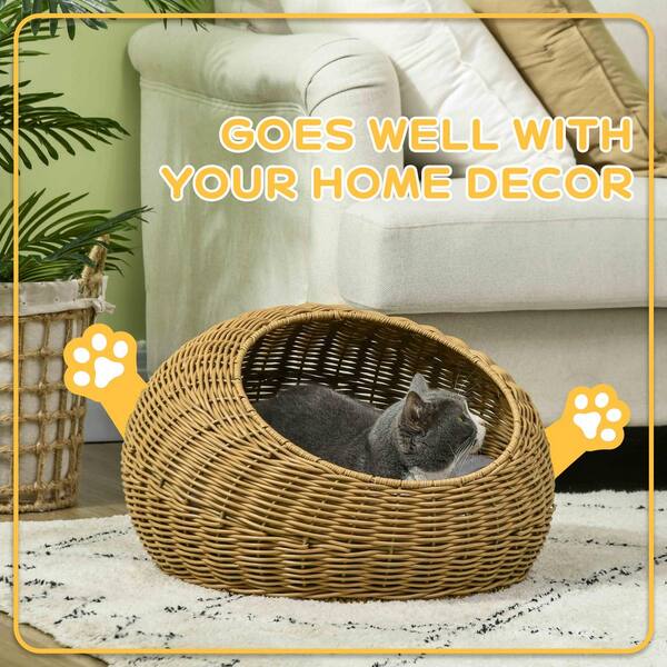 thumbnail image 2 of PawHut Wicker Cat Bed With Cushion - Elevated Rattan Pet Bed For Indoor Cats, Light Brown 2 of 9