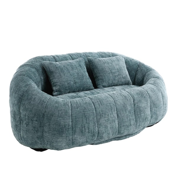 59 in. Teal Chenille 2-Seater Loveseat Comfort Lounger High Back Bean Bag Chair Lazy Sofa Couch with Pillows