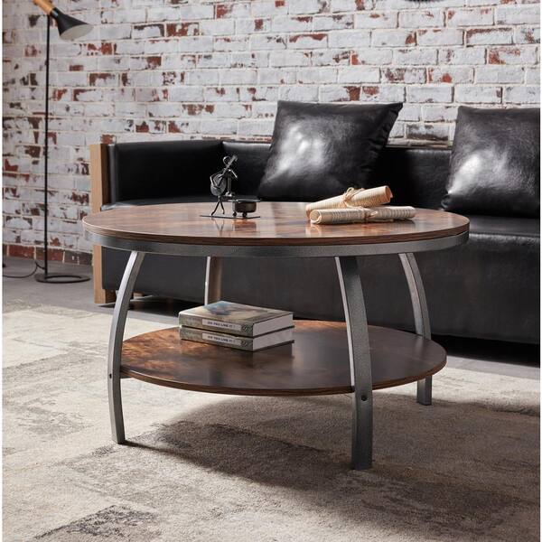 Owl & Trowel Ltd. - Round Coffee Table  Greige With a mix of rustic Greige  engineered wood and matte black metal, this circular coffee table gives  your living room a look