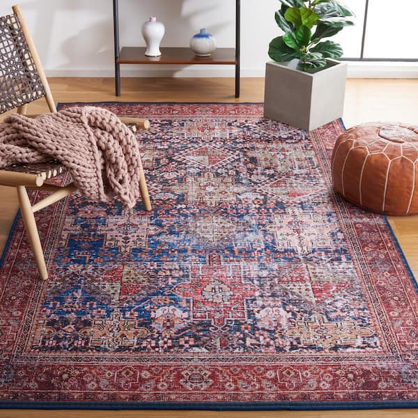 Tucson Navy/Rust 8 ft. x 8 ft. Machine Washable Border Geometric Floral Square Area Rug