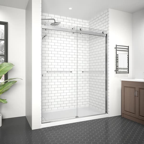 Modern 60 in. W x 74 in. H Double Sliding Frameless Shower Door in Nickel Finish with 5/16 in. (8mm) Clear Glass