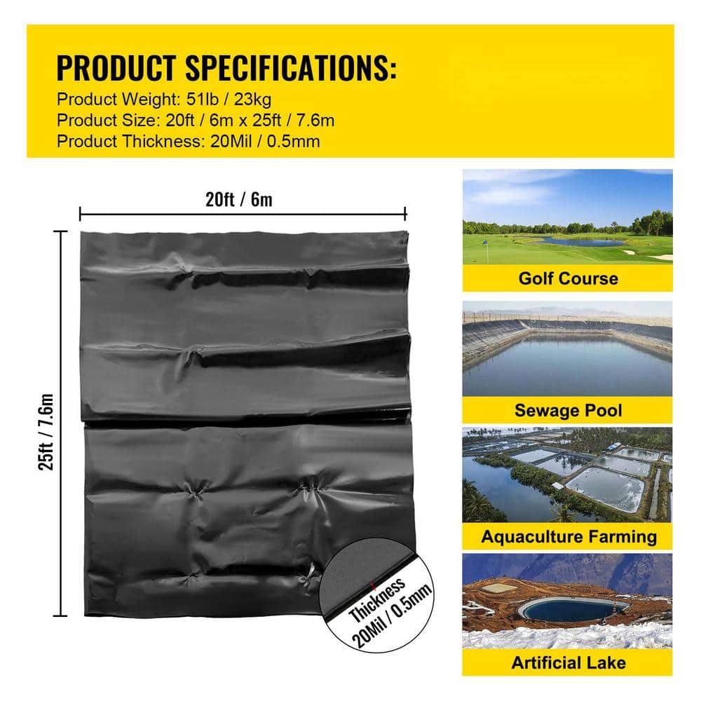 Black LLDPE Pond Liner 20x25 ft for Fish Ponds and Waterfalls