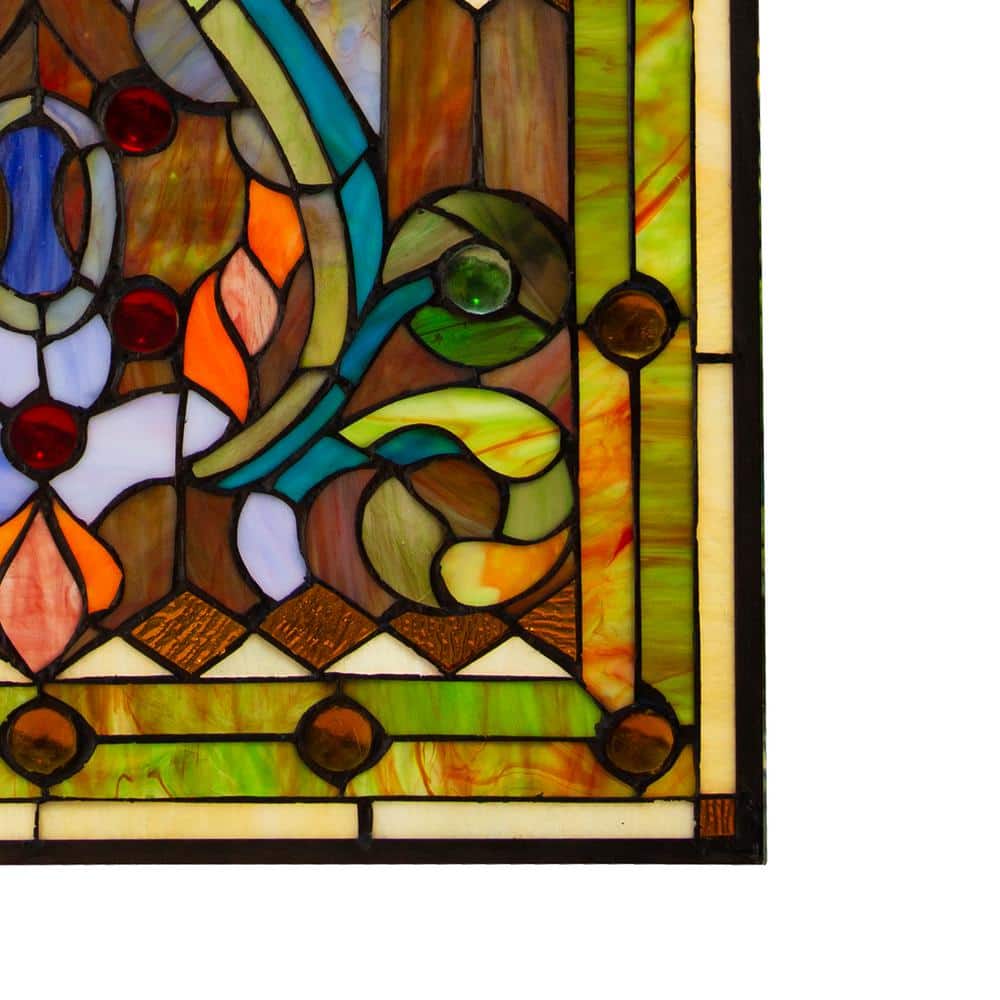 Multicolor Stained Glass Fleur de Lis Window Panel with Chain