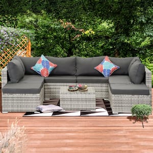 Grey 7-Piece Wicker Outdoor Dining Set With Grey Cushions and 1-Table