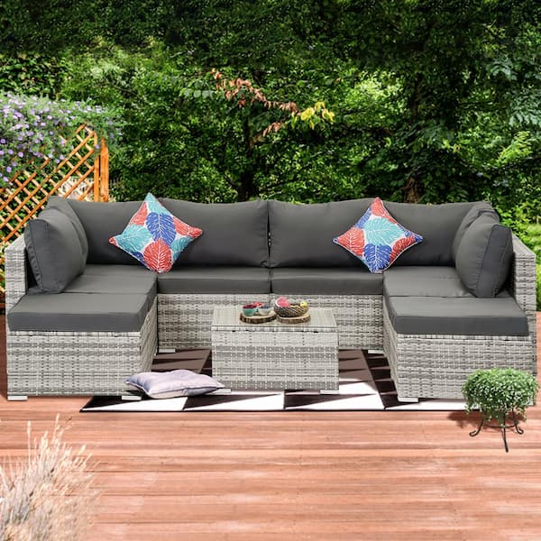 MIRAFIT Grey 7-Piece Wicker Outdoor Dining Set With Grey Cushions and 1-Table