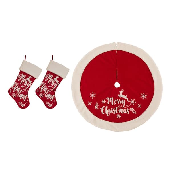 Glitzhome Set of 3 Fabric Christmas Decoration (48 in. Tree Skirt and 21 in. Stocking)- Merry Christmas