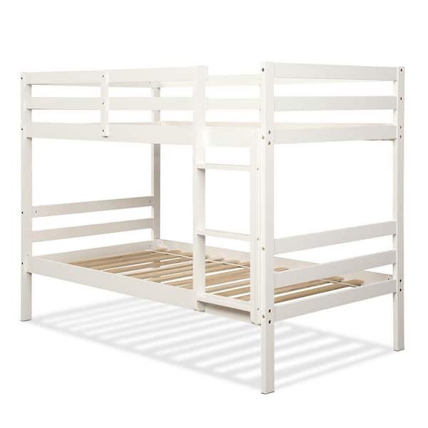 FORCLOVER White Hardwood Twin Bunk Bed with Fixed Ladder