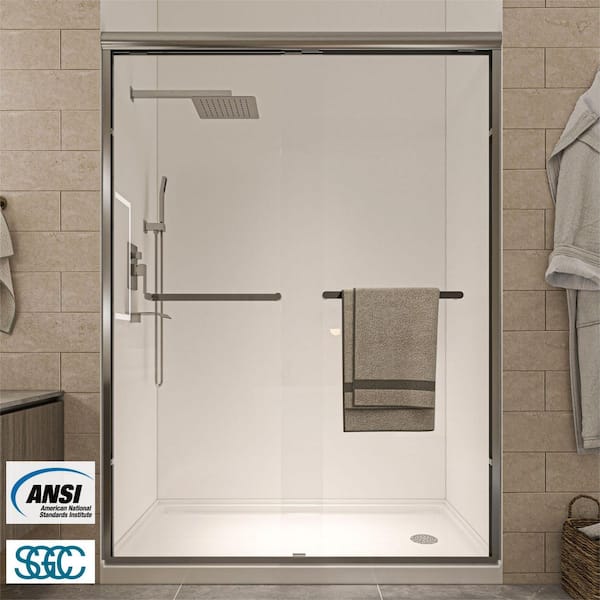 waterpar 50 to 54 in. W. x 72 in. H Double Sliding Semi-Frameless Shower Door in Brushed Nickel with Double Handle