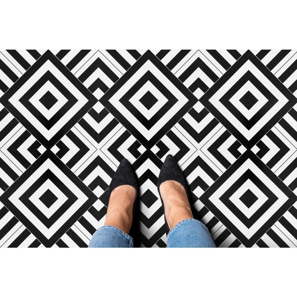 Geometric Black and White Self-Adhesive Vinyl Floor Tiles, 12" x 12", 20 Tiles