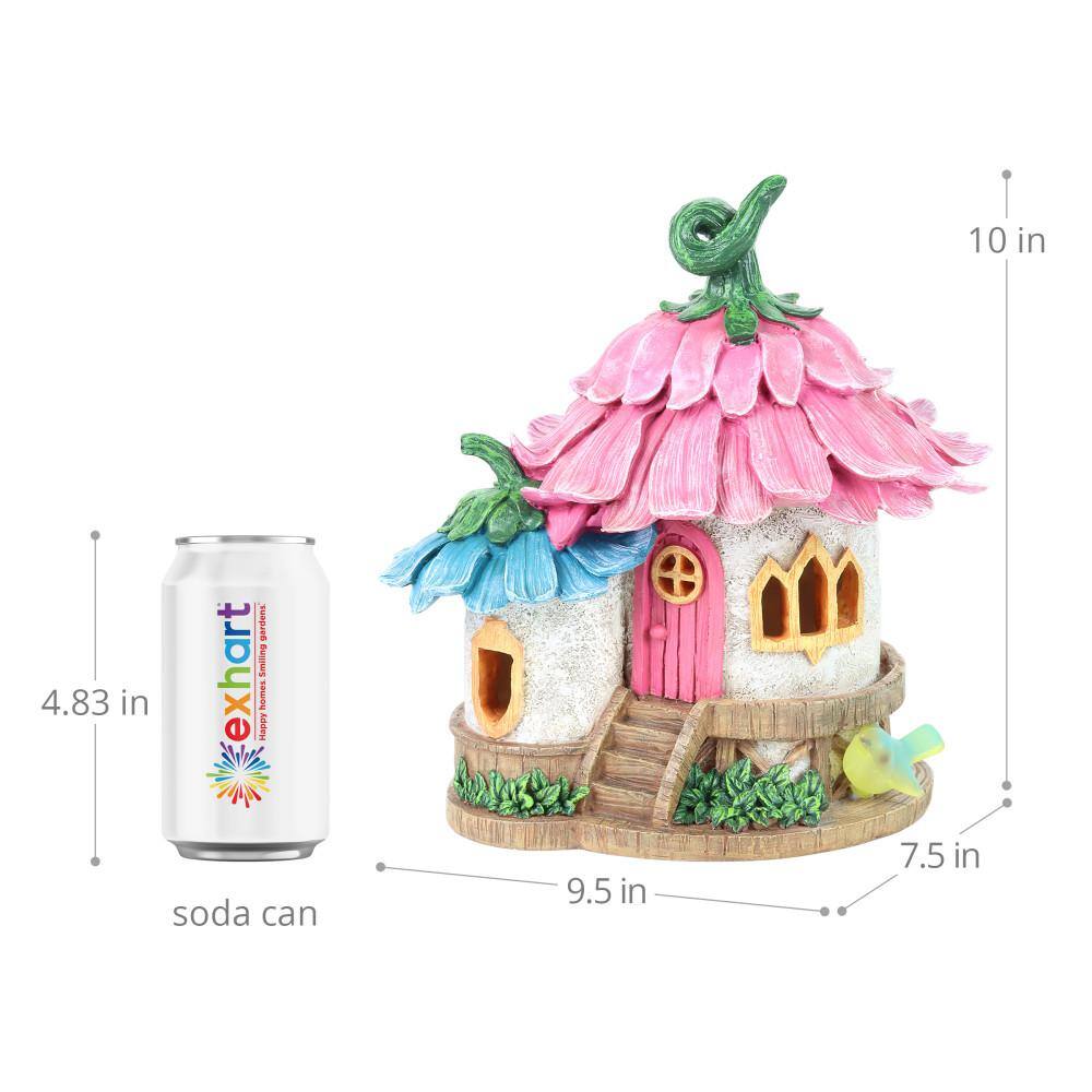Solar Pink and Blue Daisy Petal Roof Fairy House Garden Statue