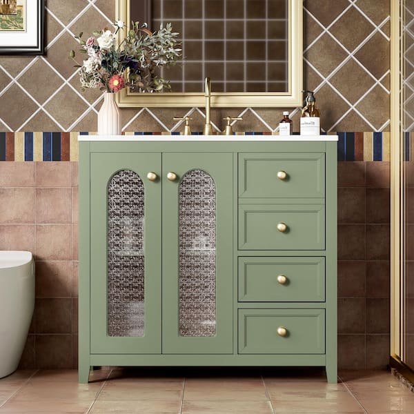 36 in. Single Sink Freestanding Green Bath Vanity with White Ceramic Top, Adjustable Shelves and 3 Drawers