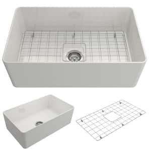 Aderci White Fireclay 30 in. Single Bowl Ultra-Slim Farmhouse Apron Front Kitchen Sink with Grid and Strainer