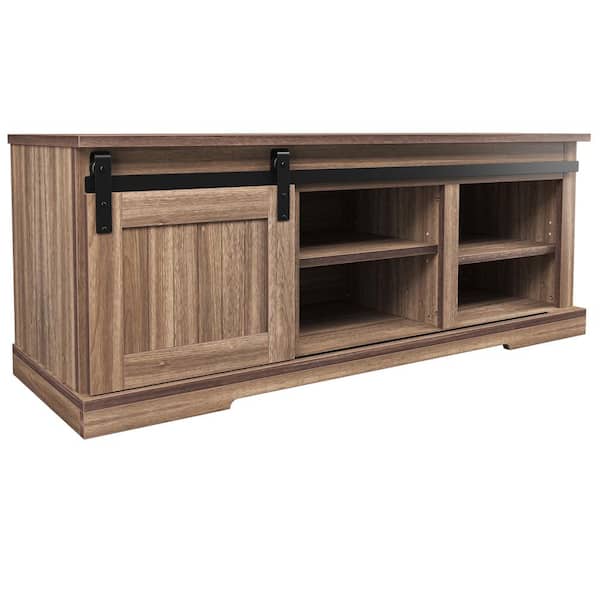 URTR Gray Retro Design Rustic Storage Bench with Sliding Door and Adjustable Shelves in entryway, Big Storage Wooded Cabinet