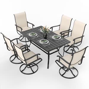 Beige 7-Piece Metal Outdoor Patio Dining Set with Rectangle Table and Textilene Swivel Chairs