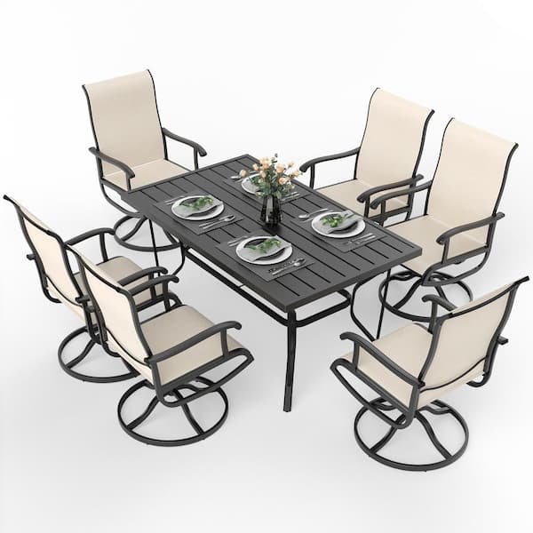 PamaPic Beige 7-Piece Metal Outdoor Patio Dining Set With Rectangle ...