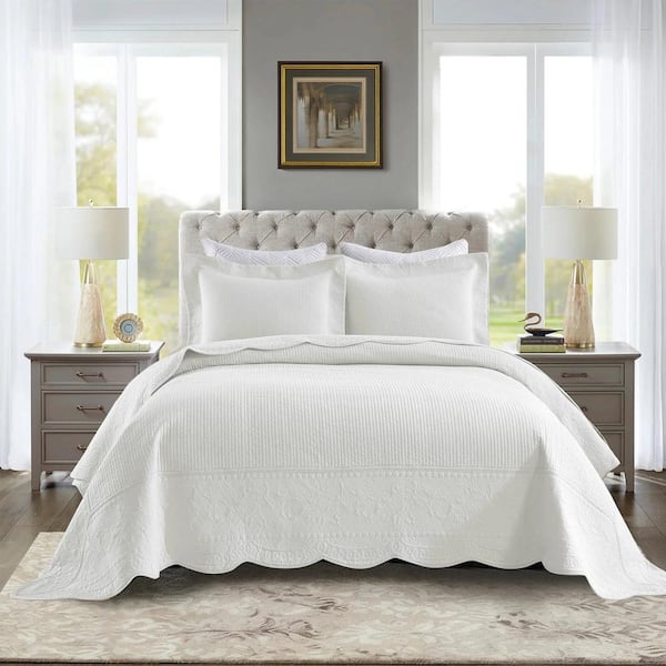 TG71 Soft White Elegantly Embroidered King Size Cotton Oversized Quilt Bedspread Set