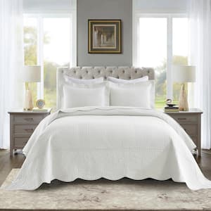 TG71 Soft White Elegantly Embroidered Queen Size Cotton Oversized Quilt Bedspread Set