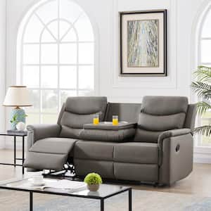 77.5 in. W Square Arm Faux Leather 3-Seat Straight Motion Reclining Sofa with Flippable Middle Backrest in Gray