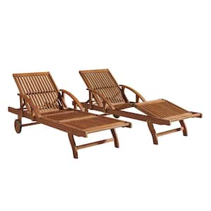 Caspian Set of 2 Eucalyptus Wood Outdoor Patio Chaise Lounge Chairs with Arms and Adjustable Leg Rest