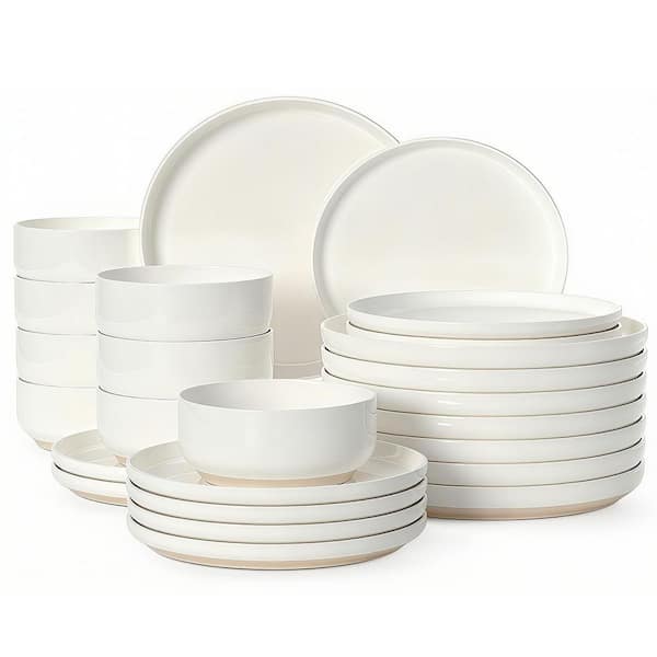 24 Pieces Cream White Ceramic Dinnerware Sets for 4, Plates and Bowls, Scratch Resistant, Microwave and Dishwasher Safe