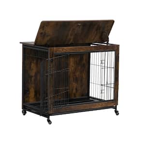 38 in. Vintage Heavy-Duty Wooden Dog Kennel with Double Doors Flip-Top for Large Dogs and Wheels