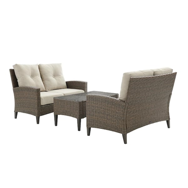CROSLEY FURNITURE Rockport Brown 3-Piece Wicker Patio Conversation Set with Oatmeal Cushions