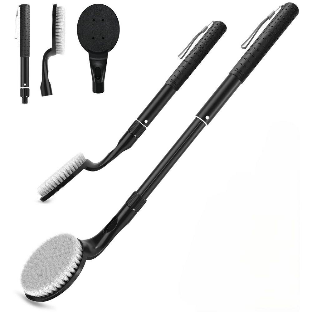Adjustable Telescopic Back Scrubber 1-Piece Bath Accessory Set with Detachable Soft Bristle Head in Black
