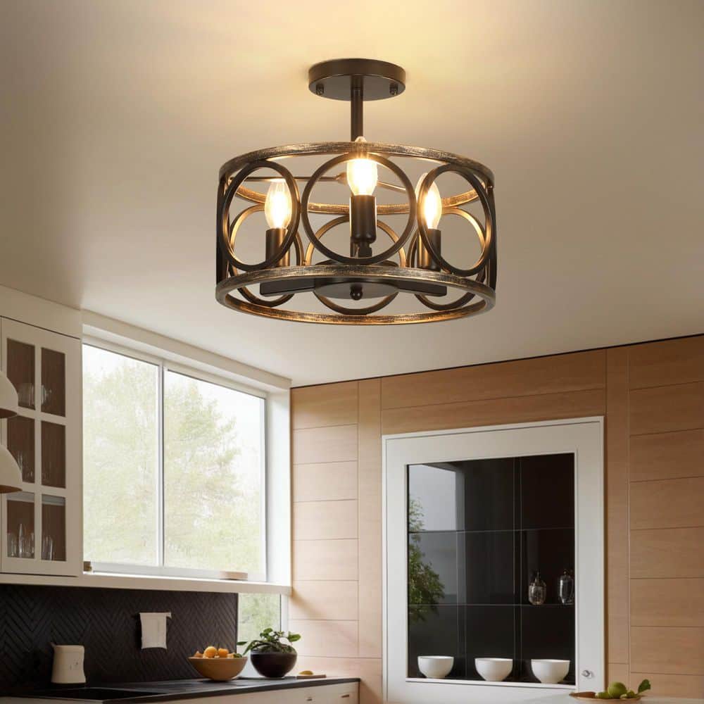 TOZING 13 in. 3-Light Black Cage Drum Semi-Flush Mount