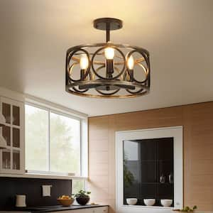 13 in. 3-Light Black Cage Drum Semi-Flush Mount Ceiling Light Fixtures Industrial Farmhouse Style for Kitchen Island