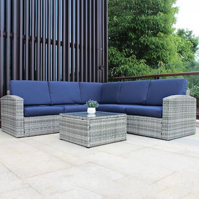 6-Piece Wicker Outdoor Sectional Sofa with Blue Cushions