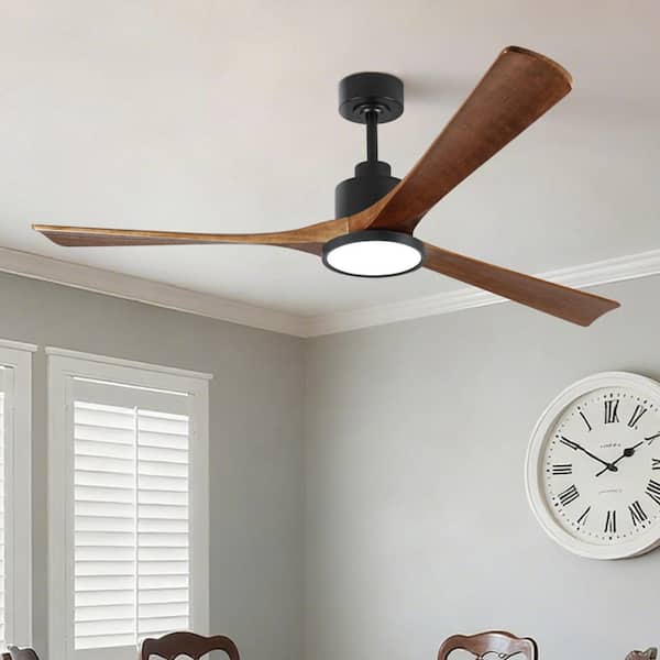 52 in. Smart Black APP and Remote Control 6-Speed Solid Wood Brown Blade Ceiling Fan w/ 3-Color LED Light and 2-Downrods