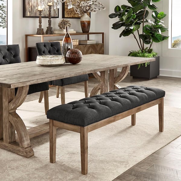 HomeSullivan Gray Wash Finish Dark Grey Premium Tufted Reclaimed Look 52- in. Upholstered Bench 53.5 in. W x 16 in. D x 19 in. H