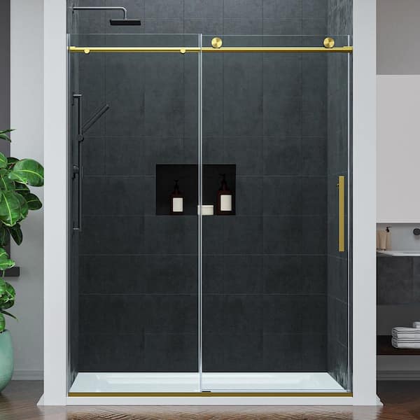 Mountain 60 in. Reversible Frameless Sliding Deco-Glass Shower Door with Soft-Close System and Brushed Gold Finish